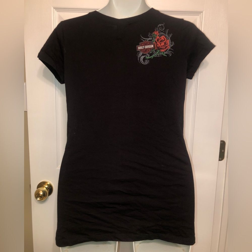 Harley-Davidson House of H-D Black Red Rose V-Neck Graphic Tee Size L - Picture 3 of 8